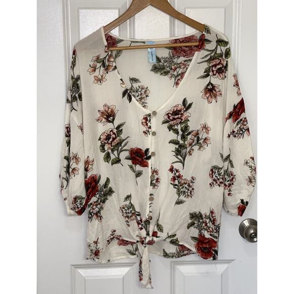 M Fasis Women’s Ivory Floral Button Tie Front Short Sleeve Boho Peasant Top XL - Picture 6 of 6